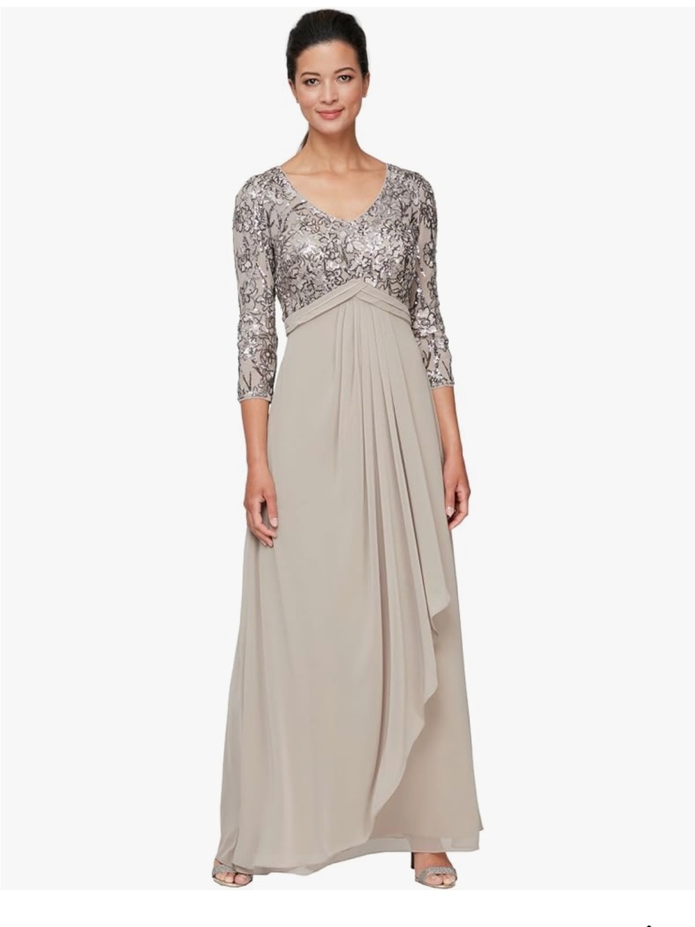 Alex Evenings Taupe Lace-Sequin Empire Waist Long Sleeve Gown